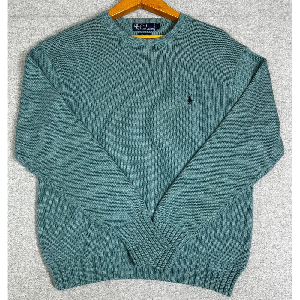 Vintage Polo Ralph Lauren Sweater Mens M Teal Cotton Shaker Knit Crewneck
